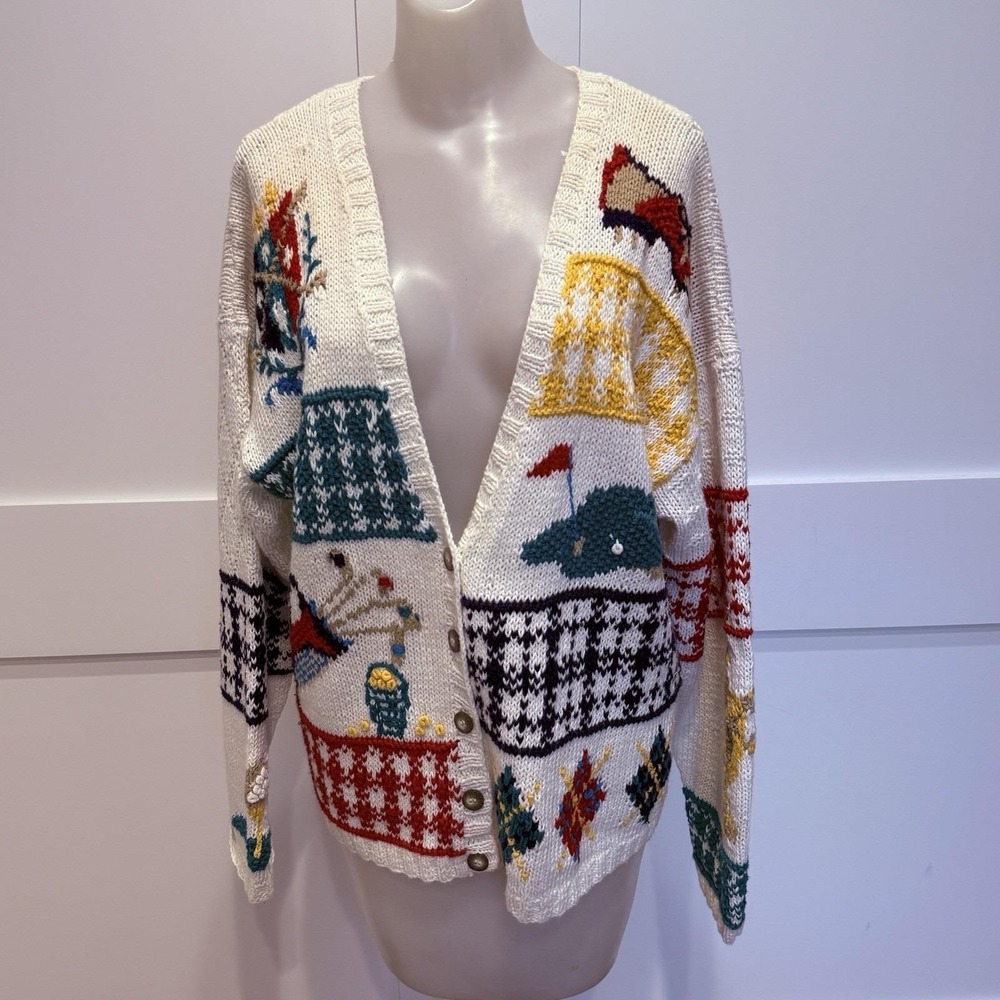 VTGโ Robert Scott Ltd Hand Knit Golf Theme Chunky Novelty Cardigan Sweater 90s